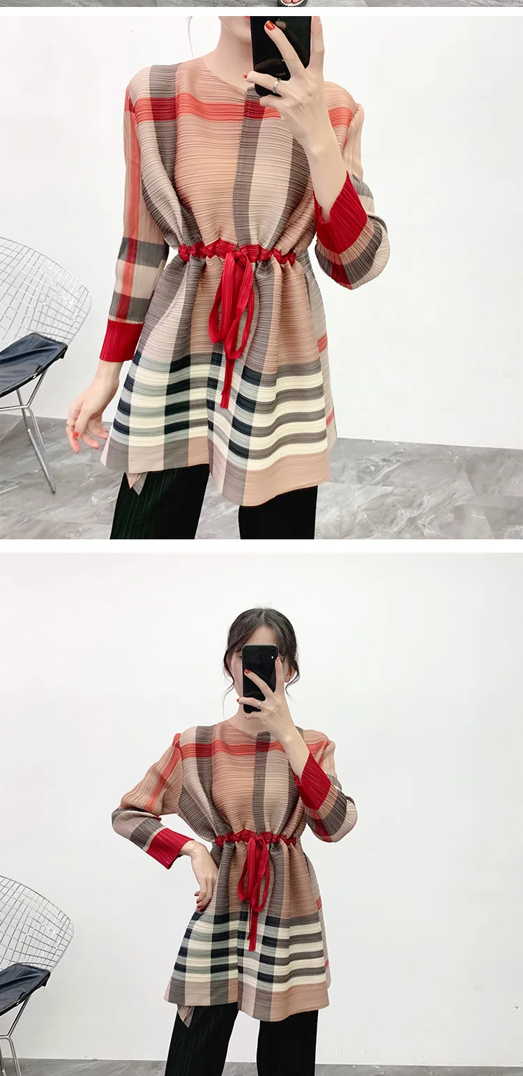MIYAKE плиссированная клетчатая Футболка с принтом, новая плиссированная футболка с длинным рукавом на подкладке, осенняя и зимняя тонкая темпераментная футболка