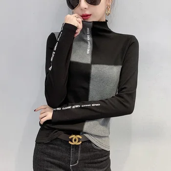 

2019 Autumn Women T Shirt Winter Long Sleeve Office Lady Korean Clothes Letter Turtleneck Cotton Casual Top Shirt T-shirt