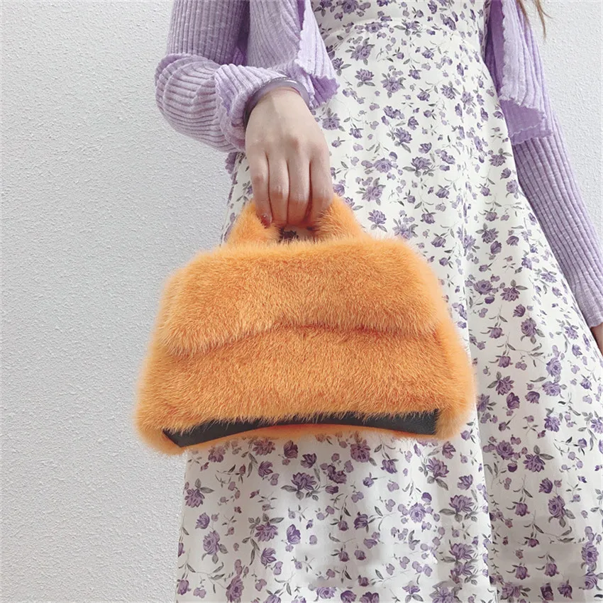 Female Mink Leather Solid Color Plush Casual Lady Handbag Shoulder Fashion Exquisite Shopping Bag_voghion.com