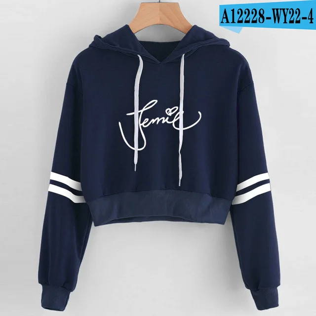 navy blue Женская укороченная толстовка с капюшоном черного и розового цвета, женская сексуальная укороченная Толстовка harajuku черного и розового цветов, уличная куртка, одежда KPOP - Цвет: navy blue