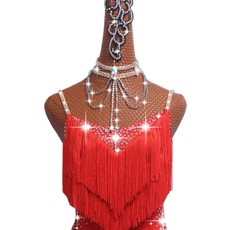 Latin Dance Dress Competition Costumes Skirt Performing Rhinestones Adult...