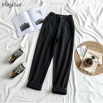 

Jeans Women Vintage Solid Denim Ankle-length High Waist Ulzzang Harajuku Big Pockets BF Loose All-match Womens Trouser Straight