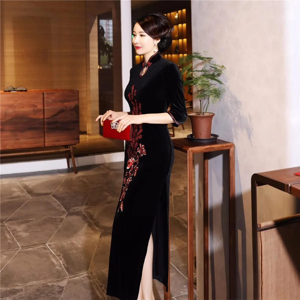 Шанхай история бархат Cheongsam китайское платье вышивка Qipao длинное