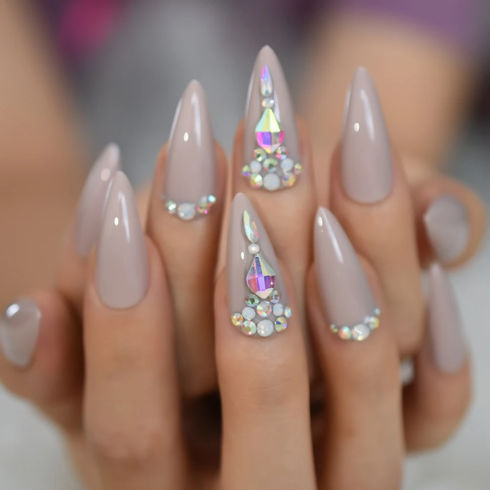 Crystal False Nails Pointed Strass Long Stiletto Acrylic Artificial Nail Art Tips Rhinestone Designed Manicure Tips 24 False Nails Aliexpress