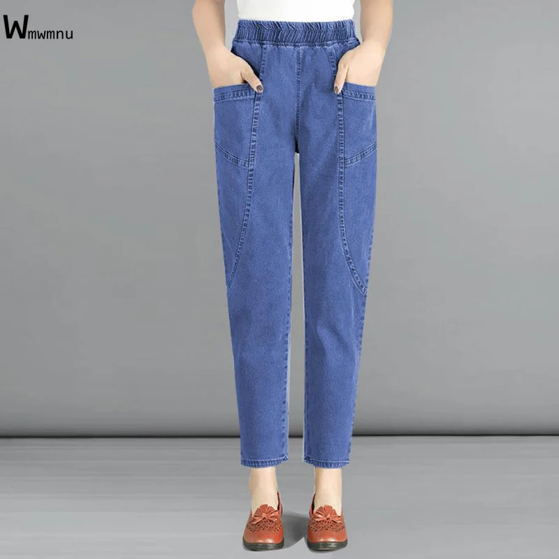 

Women Plus Size 4XL Casual Denim Ankle-Length Pants Vintage Mom Trousers Female Loose Elastic High Waist Patchwork Harem Jeans