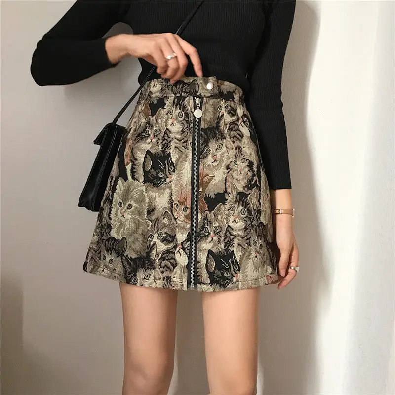 

A-line Skirt Embroidered Cat Print Skirt 2020 Spring and Summer Women's New Bag Hip Short Skirt High Waist Skirt