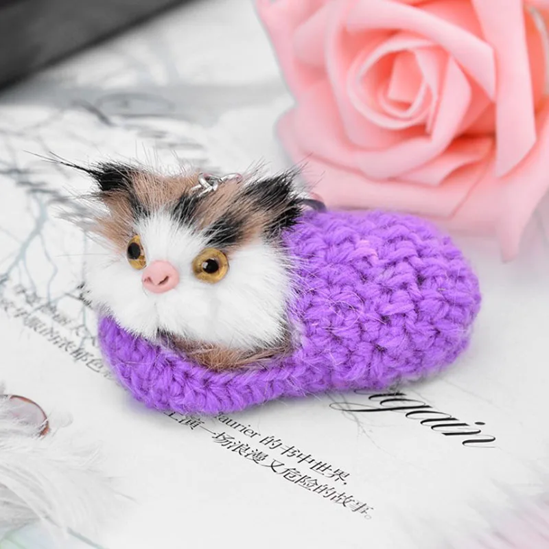 Милые kawaii брелки Спящая кошка помпон брелок для женщин девочек ручной работы из искусственного меха кролика котенок брелки для ключей ключи от машины брелок - Цвет: Purple
