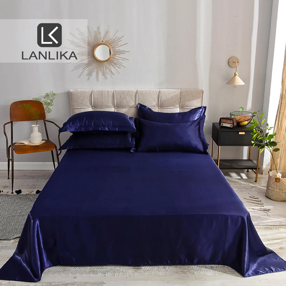 Однотонная темно синяя плоская простыня Lanlika 1 шт. 12 цветов 100% атласное шелковое