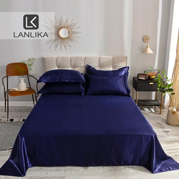 

Lanlika 1PCS 12 Solid Color Dark Blue Flat Sheet 100% Satin Silk Bedding Linen European Style Silky Bed Sheet Home Textiles