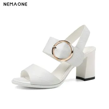 

2020 New Cow Leather Buckle Women Sandals Fashion Elegant Round Toe Square High Heel Women Shoes Ladies Summer Casual Sandals
