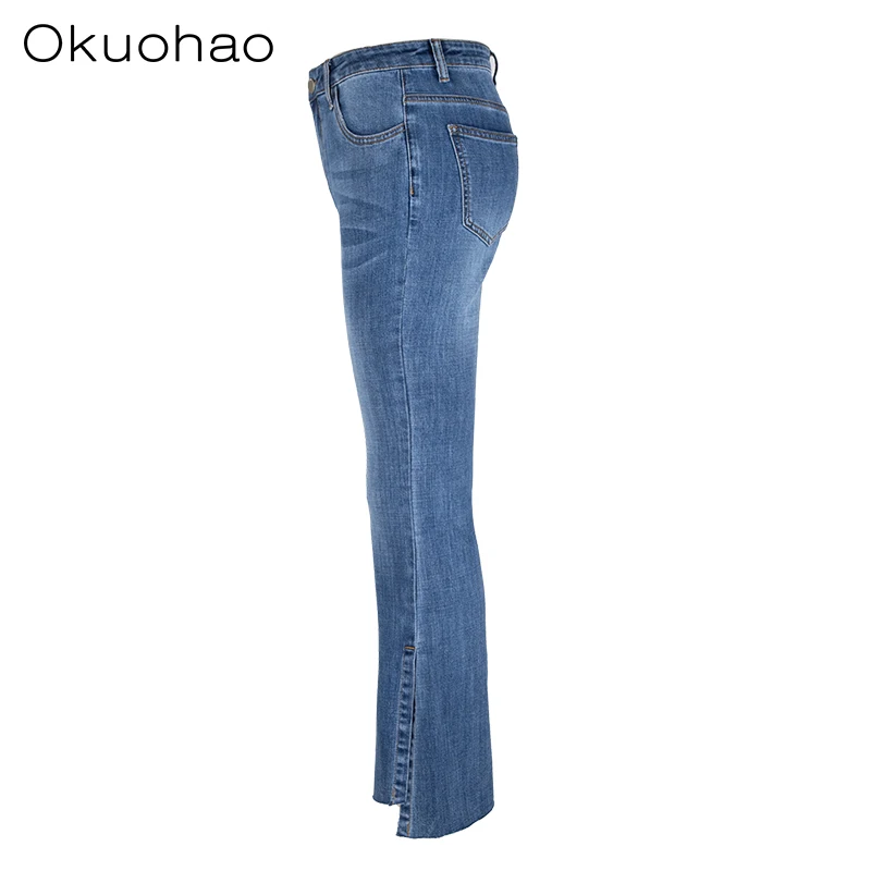 Okuohao/джинсы, высокие обтягивающие джинсы для женщин, новинка, повседневные джинсы, эластичные синие расклешенные брюки, джинсы для женщин