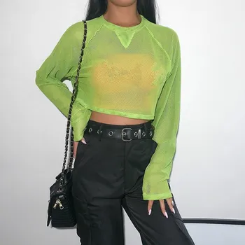 

Women Hollow Out Long Sleeve T-Shirts Casual Streetwear Crop Tops Neon O-Neck Patchwork Short Mesh T Shirt
