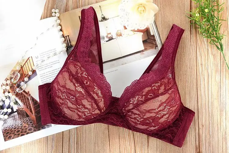 Red wine Lace Bralette Sexy Plus Size Bra Women Underwear Full Cup push up bra Large Size Bras For Women 75-90 A B C - Цвет: Red wine