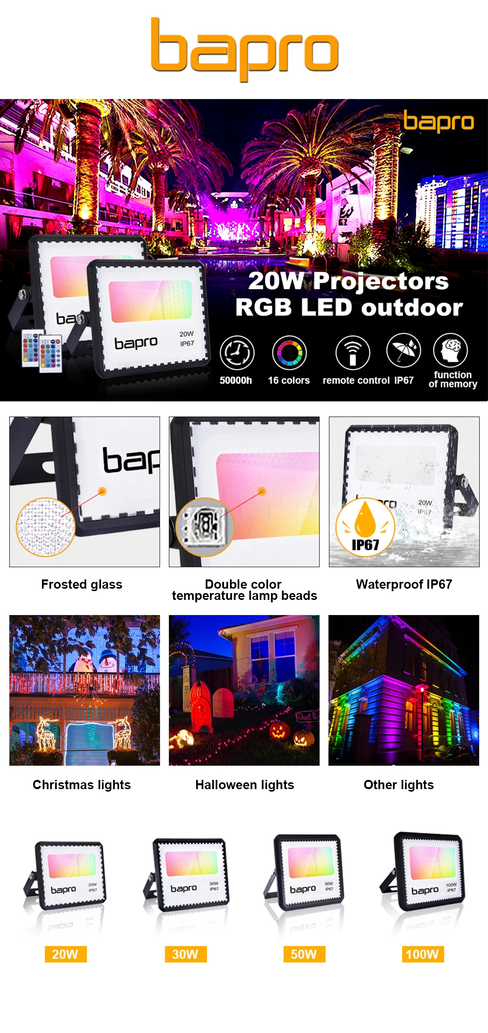 Led Sportlight открытый RGB прожектор 10 Вт 20 Вт 30 Вт 50 Вт 100 Вт 220 В IP67 Водонепроницаемый отражатель Лампа для проектора цветной пульт дистанционного управления