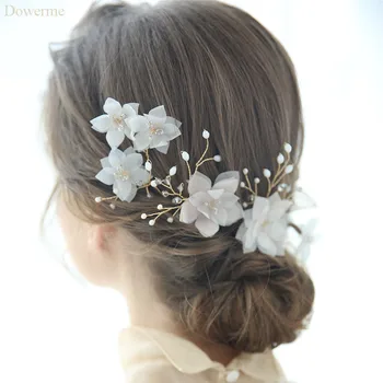 

NPASON Bridal Chiffon Flower Hair Pins Clips Pearls Wedding Hair Jewelry Accessories Handmade Women Headpiece