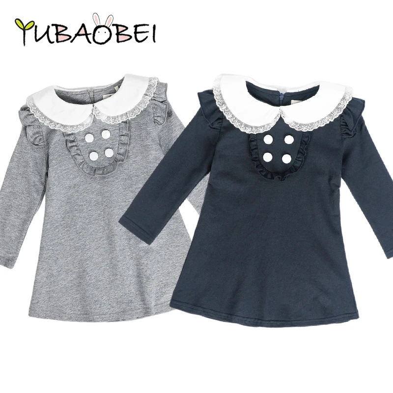 Spring Autumn Cotton Girl Korean Clothes Doll Collar Long Sleeved Casual A-Line Mini Dress