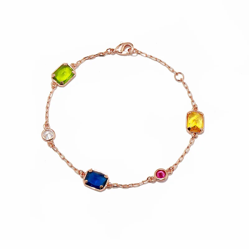 Rose Gold color Модные браслеты для женщин, браслет с разноцветными кристаллами и браслетом, квадратный драгоценный камень, очаровательные свадебные ювелирные изделия, вечерние аксессуары, подарки - Окраска металла: Rose Gold color