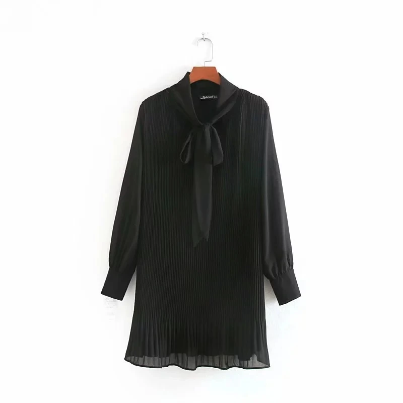 

Solid Women V Neck Bow Tie Pressed Pleat Chiffon Mini Dress 2019 Autumn Leisure Lady Long Sleeve Loose Elegant Dresses D3623