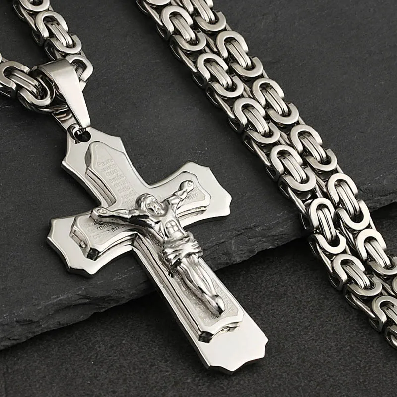 Spanish-Silver Color Библейский Серебряный Золотой Крест Иисуса из нержавеющей стали ожерелье s& Кулоны византийский Длинная цепочка на шею для мужчин ювелирные изделия colar collier - Окраска металла: Spanish-Silver Color