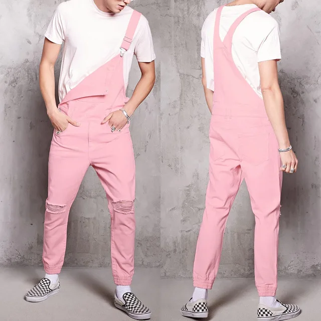 Розовый Men's Rompers Broken Copper Jeans Harlan Jumpsuit Strap Trousers Autumn Fashion Pink Corduroy Bib Pants - Цвет: Розовый