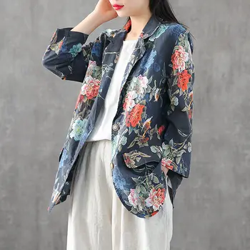 

2020 New Cotton and Linen Print Suit Women Thin Section Jacket Spring Autumn Casual Loose Ramie Coat Tide Female Blusa Top