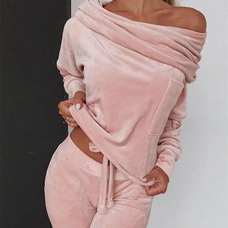 

Solid Slash Neck Long Sleeve Tops Long Pants Two Piece Set Women Off Shoulder Tracksuit Casual Loose Suits