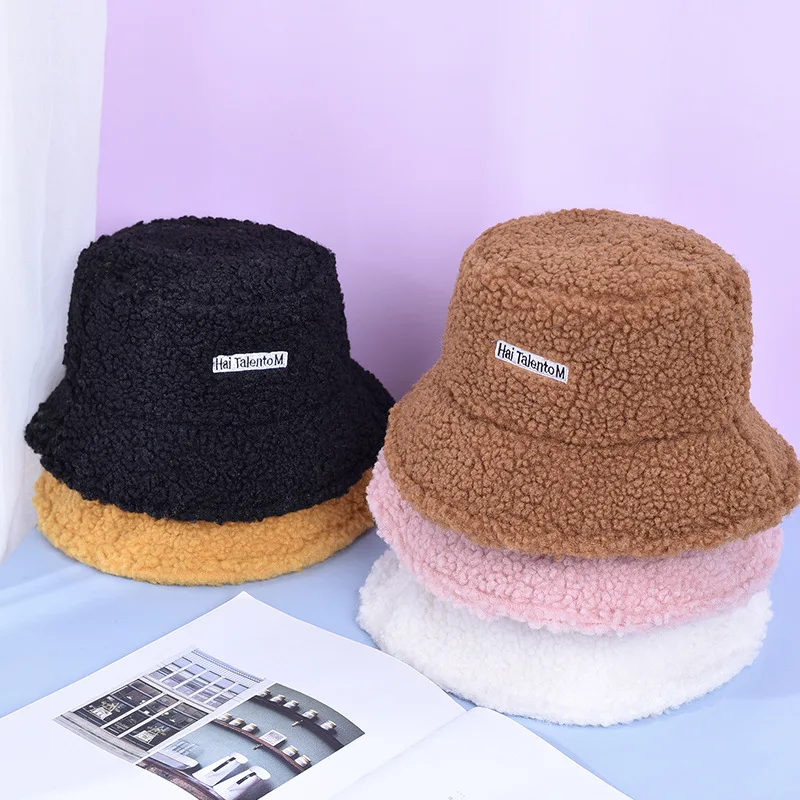 Winter Kids Bucket Hat Cute Lamb Wool Letter Fisherman Hat Solid Flat Top Outdoor Thick Warm Sun Hat