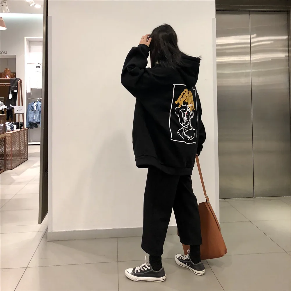 Корейский ulzzang Harajuku Забавный мультяшный принт с капюшоном плюс бархатная Толстовка Осенняя Новая модная свободная с капюшоном Повседневная Женская толстовка
