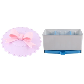 

Pink Silicone Bowknot Knob Purple Watertight Cup Cap Cover Lid & Multi-Function Tableware Drain Rack Drying Holder