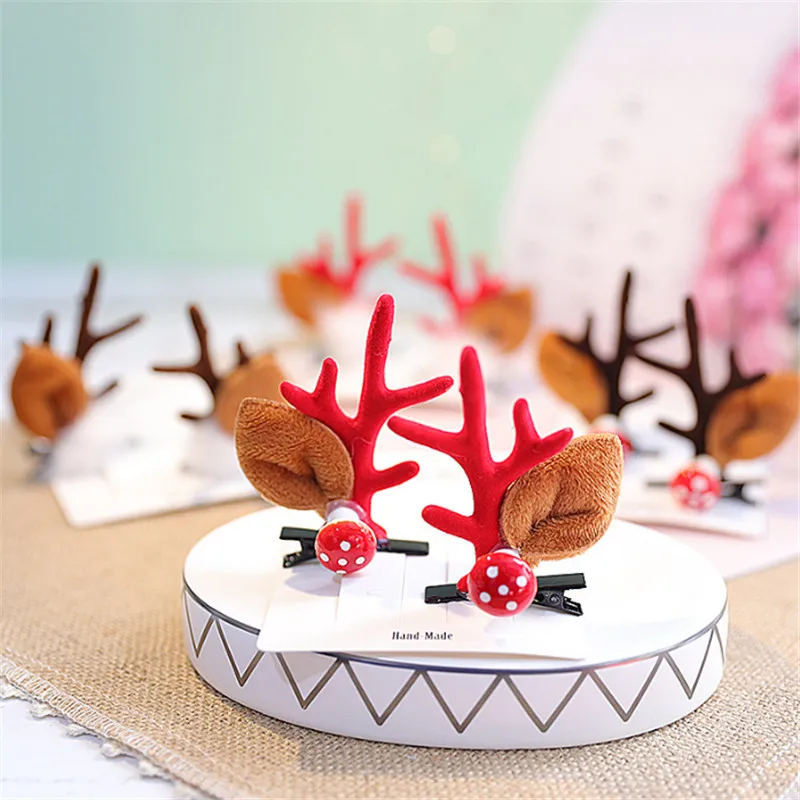 10pair/lot Fashion Christmas Cute Hair Clips Deer Antlers Mushroom Faux Fur Ball Girls Children Hairpins Hair Accessories