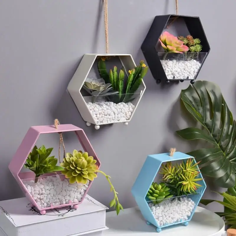 Metal Glass Hexagonal Storage Holders Simple Modern Geometry Wall Hanging Decoration Living Room Bar Iron Decorative Crafts
