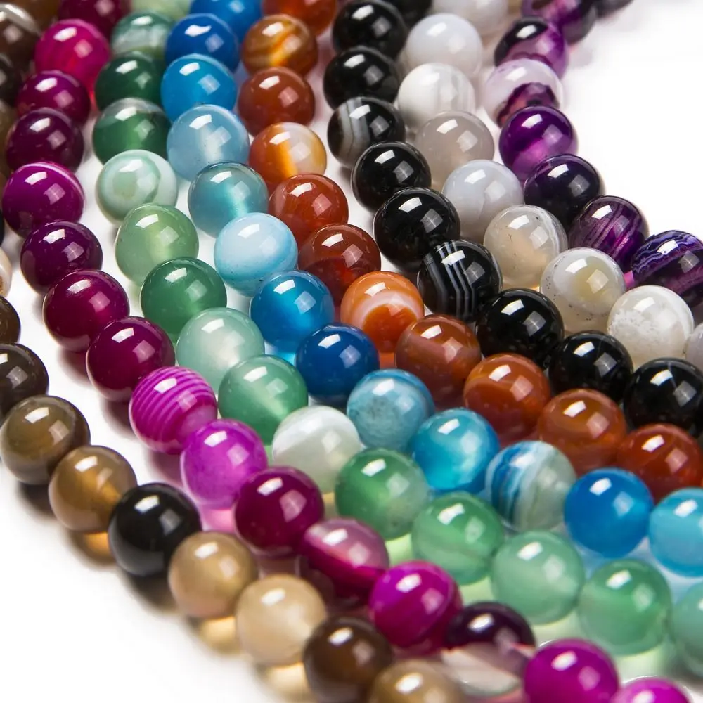 

Assorted Natural Round Semi Precious Loose Full Strand Banded Striped Lace Agate Sardonyx Stone Beads for DIY Jewelry Making 15"