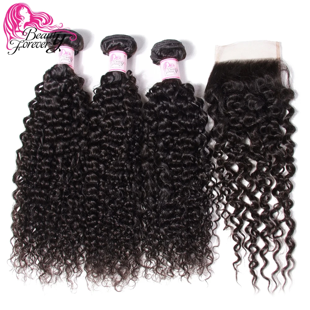 Beauty Forever Malaysian Curly Human Hair Bundles With Closure 4*4 Closure Free/Middle/Three Part 100% Remy Hair Extension