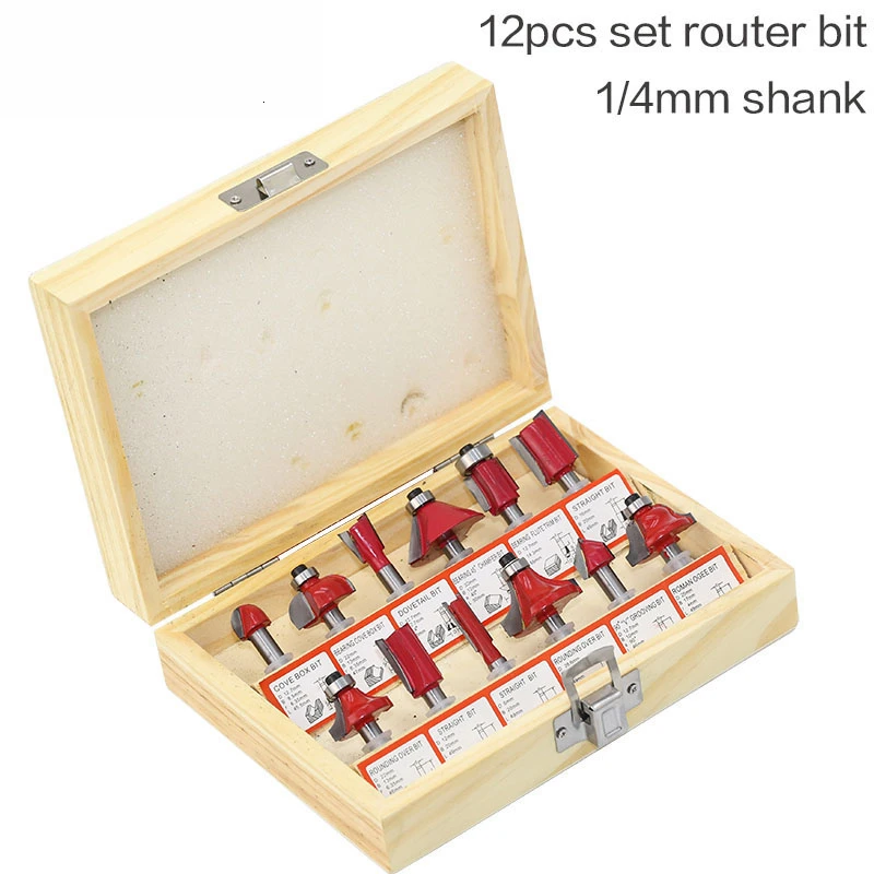 

12pcs 1/4" Professional Shank Tungsten Carbide Router Bit Cutter Set With Wooden Case For Woodworking Tools