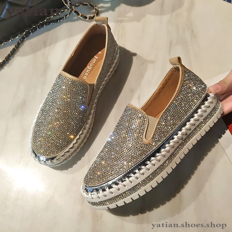 

loafers shoes women luxury silver crystal slip on platform casual shoes woman shinning bling solid black flat heels shoes A047