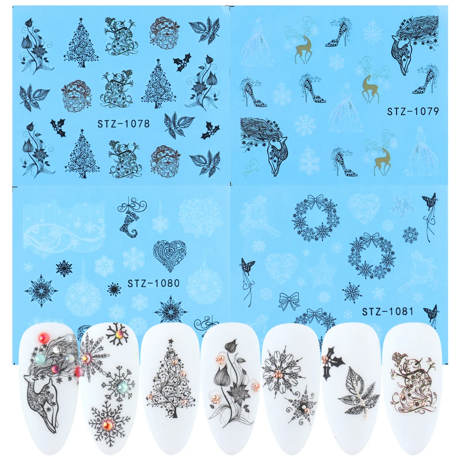 4pc Winter Design Water Nail Stickers Set Christmas Tree Nail Art Decal Black Summer Leaves DIY Manicure Slider nail stickers nail art decoration nail decals