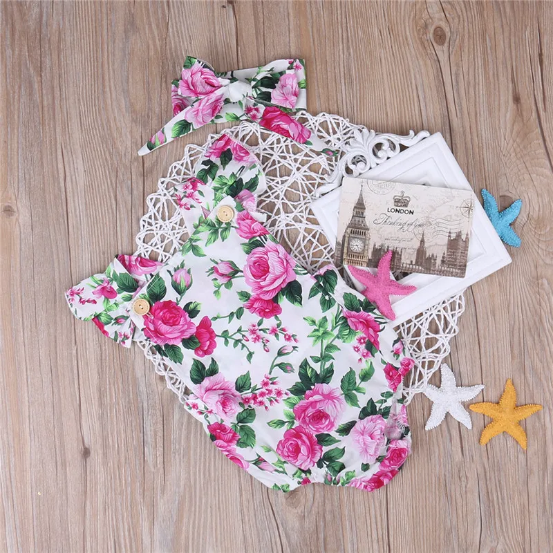 Baby Girl Rompers Cute Floral Printing Fly Sleeve Romper with Headband 2pcs Outfits Set Summer Sunsuit for 0-18Months carters baby bodysuits	