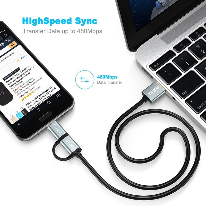 CHOETECH 2-в-1 с эффектом приближения C зарядкой Micro-Usb Тип C кабель(прямой), микро Usb кабель с Usb C кабель совместим с samsung Galaxy Note9/8/S9/S