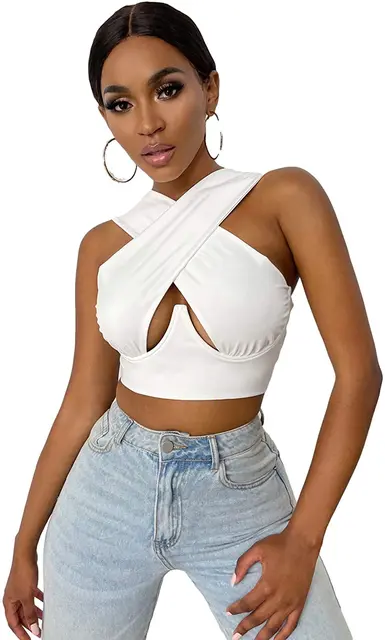 Women's Criss Cross Tank Tops Sexy Sleeveless Solid Color Cutout Front Crop Tops Party Club Streetwear Summer Lady Bustier Tops F