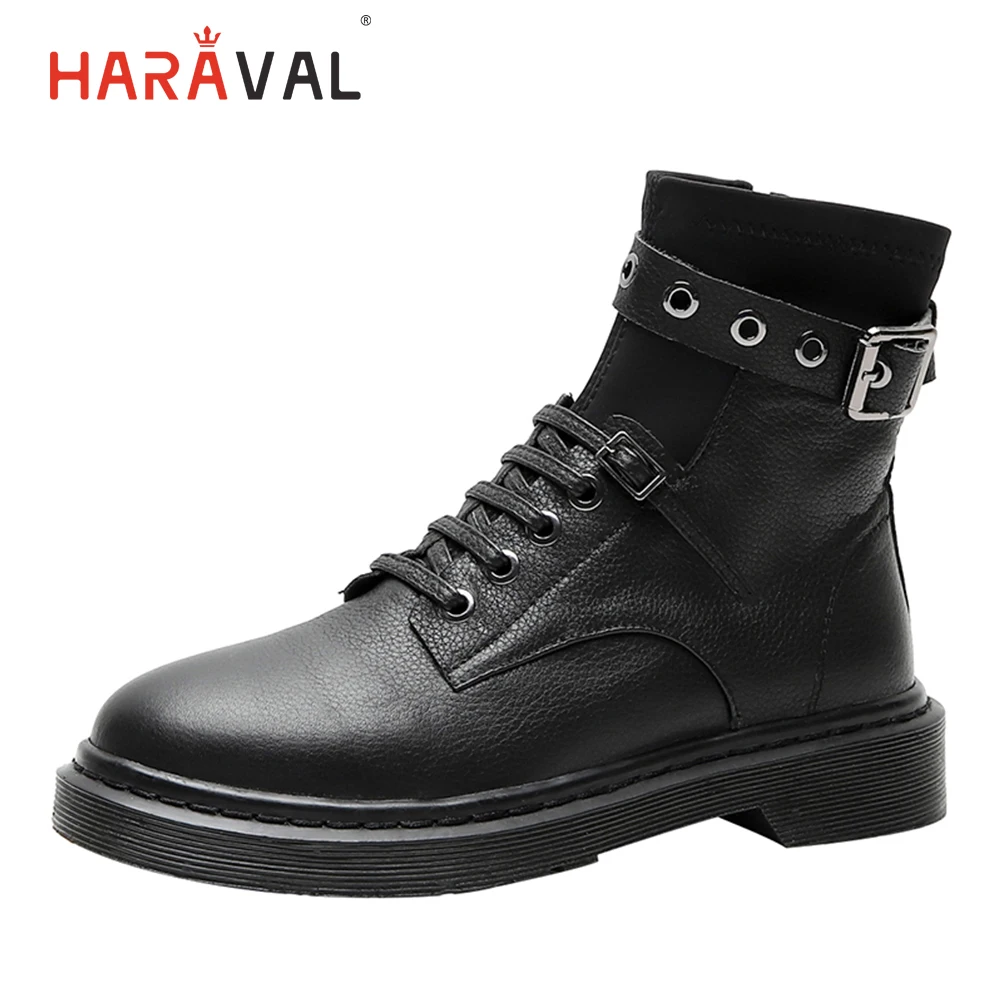 

HARAVAL Classic Women Ankle Boot Quality Genuine Leather Round Toe Low Heel Lace-up Shoe Zipper Winter Fashion Buckle Boots B216