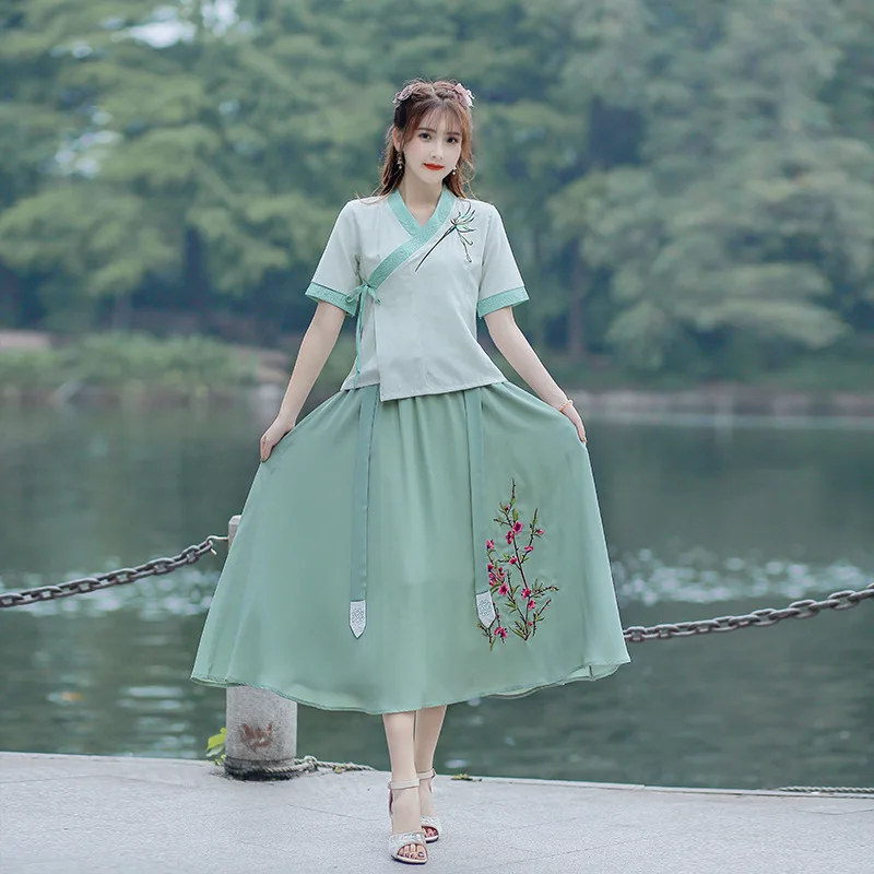 

2020 Spring han dynasty Element Set New Style Chinese-style Cotton Linen Embroidered Frog Tea Service Chiffon Two-Piece Set