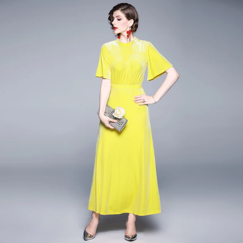 Новинка, ретро желтое бархатное длинное вечернее платье, vestidos Invierno Mujer, рубашка, женское макси платье, Robe Hiver Femme K3603