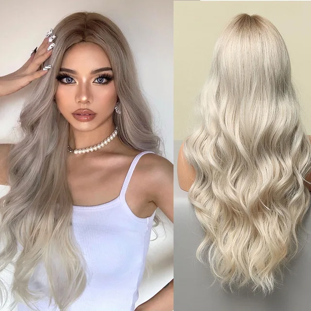 HENRY MARGU Long Wavy White Blonde Platinum Ombre Synthetic Wigs Natural Cosplay Wigs for Women Middle Part Wig Heat Resistant 1