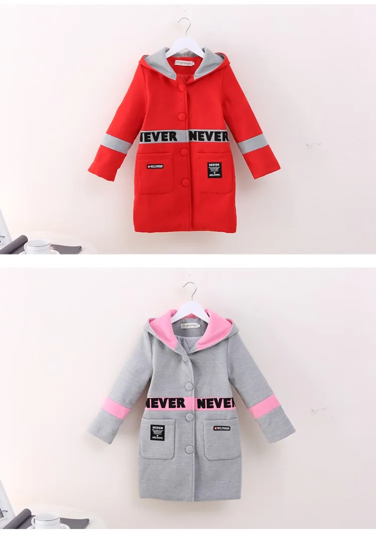 Hot Teenager Girls Woolen Blends Coat Jacket Autumn and Winter New Korean Long Section Hooded Plus Velvet Thick Woolen Coat