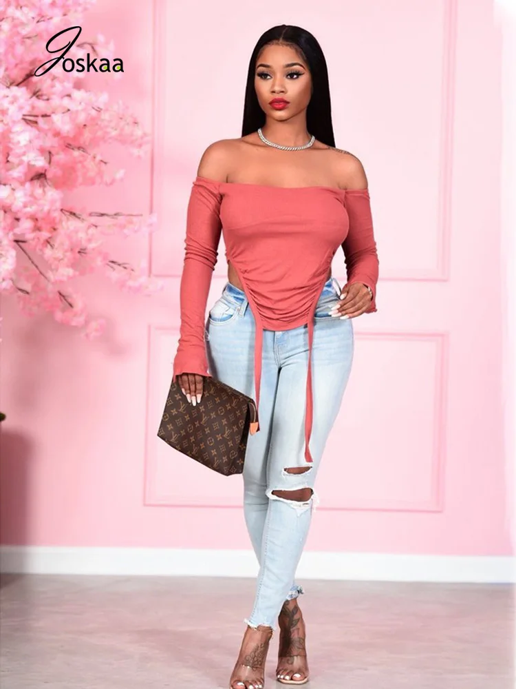 

Joskaa Women Slash Neck Sexy Crop Top Flare Long Sleeve Solid Pleated Off Shoulder T Shirt Autumn Elastic Skinny Club Outfits