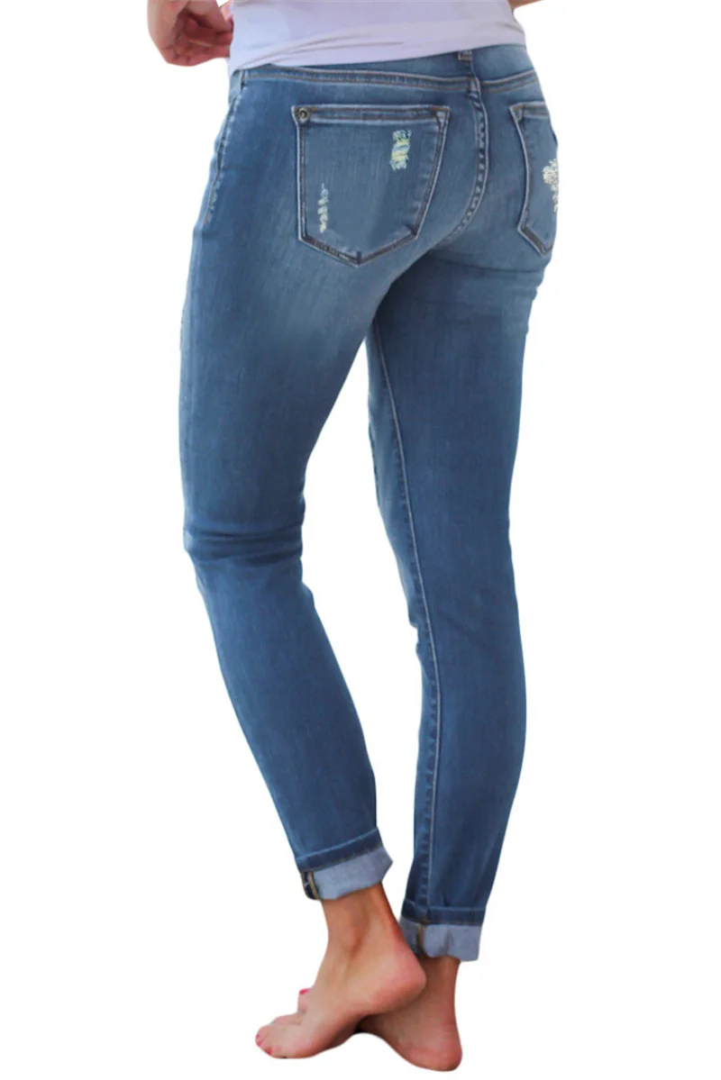Women Jeans Skinny Hole Long Elastic Leopard Plaid Pencil Jeans For Female Full Stretch Denim Trousers Lady Jeans