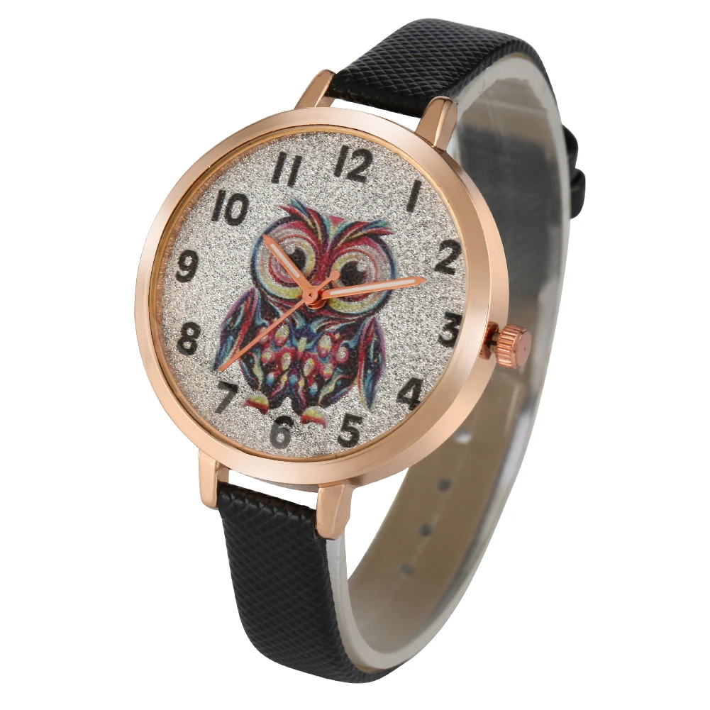 

Small Women Quartz Watches Frosted Owl Pattern Ladies Clock Gold Alloy Case Thin Leather Strap Female Wristwatch Girlfriend Gift
