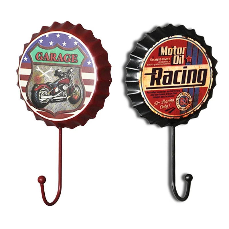 New-2 Pcs Beer Bottle Cap Hook:1Pcs "Motor Oil Racing"& 1 Pcs "GARAGE" Retro Creative Beer Cover Hook Character Personality Hoo