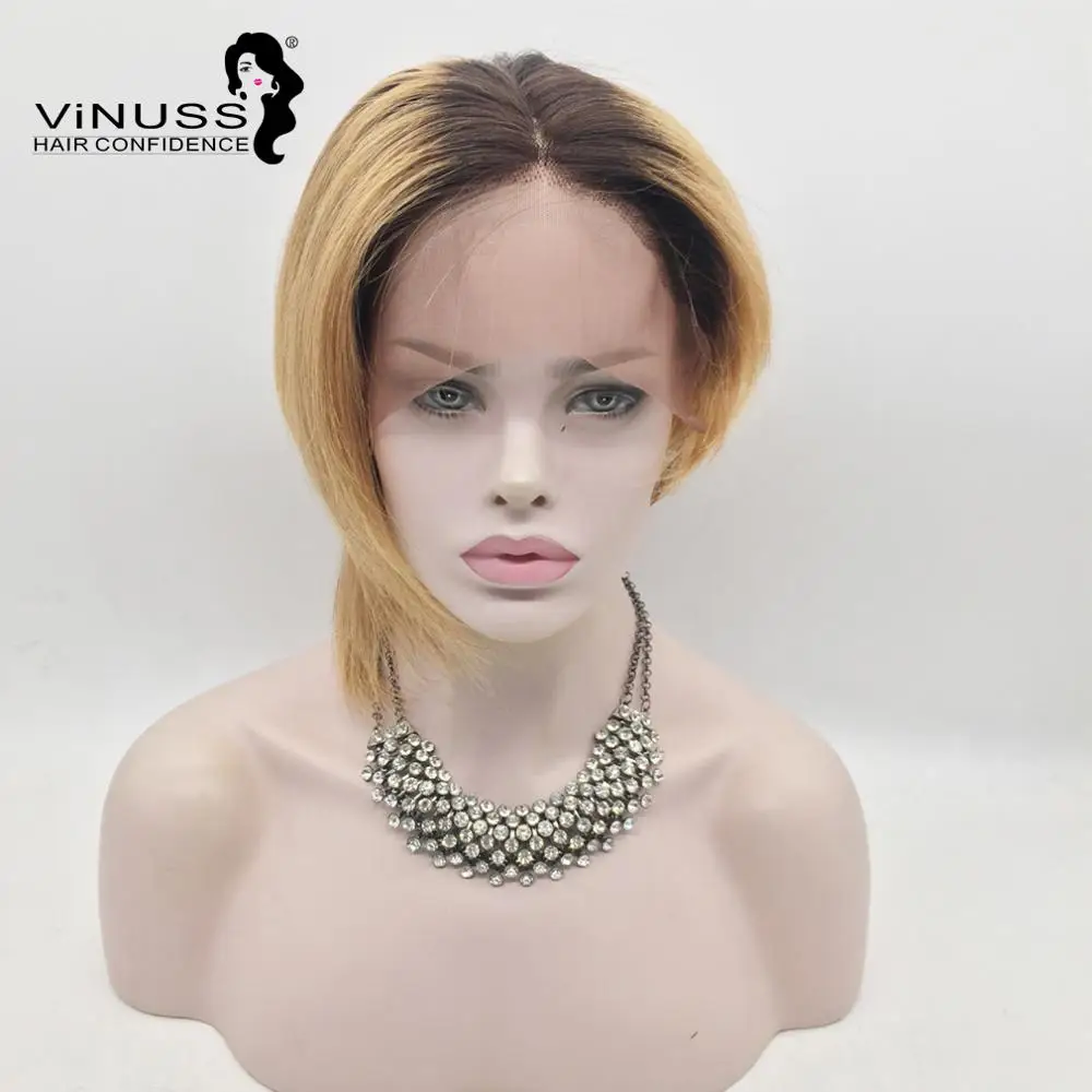 

Short Pixie Cut Wig Bob Straight Ombre 1BT27 Blonde Human Hair Lace Front Wig Brazilian Remy Hair For Black Women Deep Parting