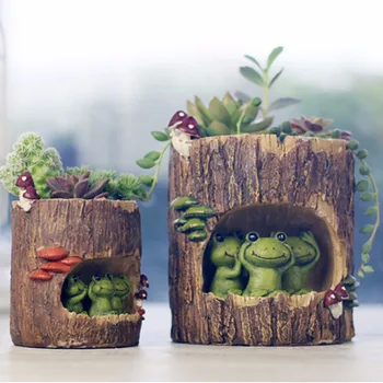 

Modern Wooden Resin Bonsai Succulents Pot Retro Permeable Ceramic Green Plant Flower Pots Living Room Office Garden Home Decor